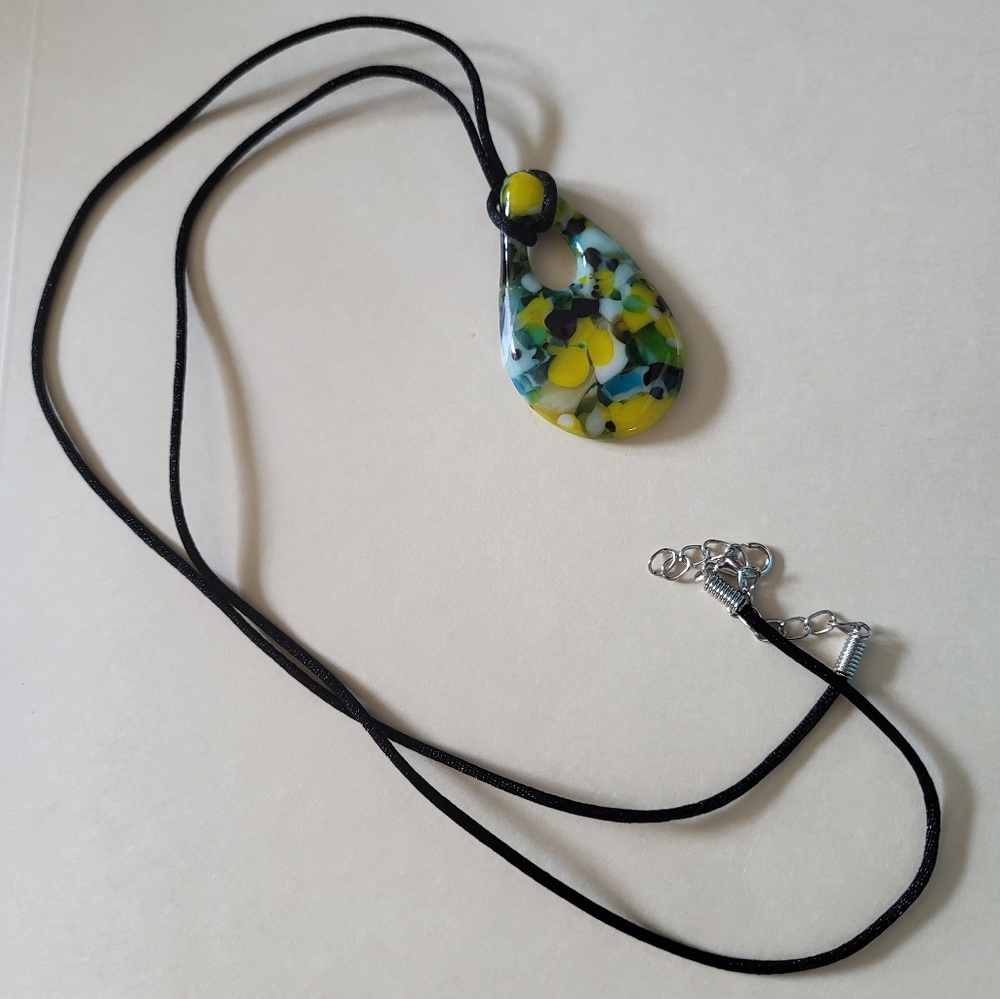 Fused glass necklace Yellow Black and turquoise Pendant